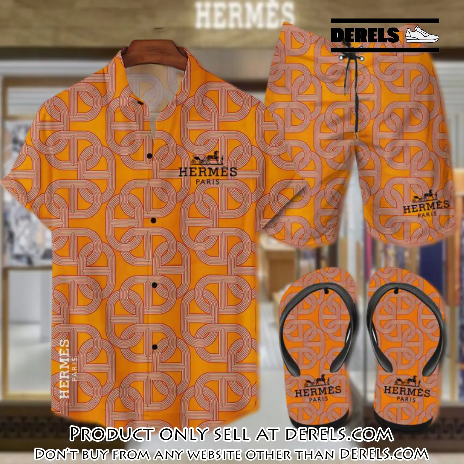 Hermes flip flops and combo hawaii shirt shorts luxury brand summer outfit hsf082 dr2518619